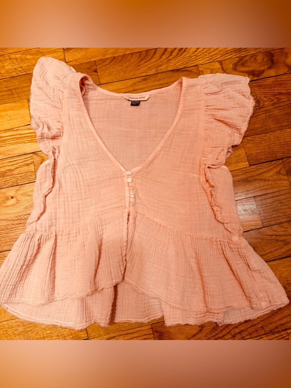 American eagle coral Ruffle Peplum Gauze V-Neck Top